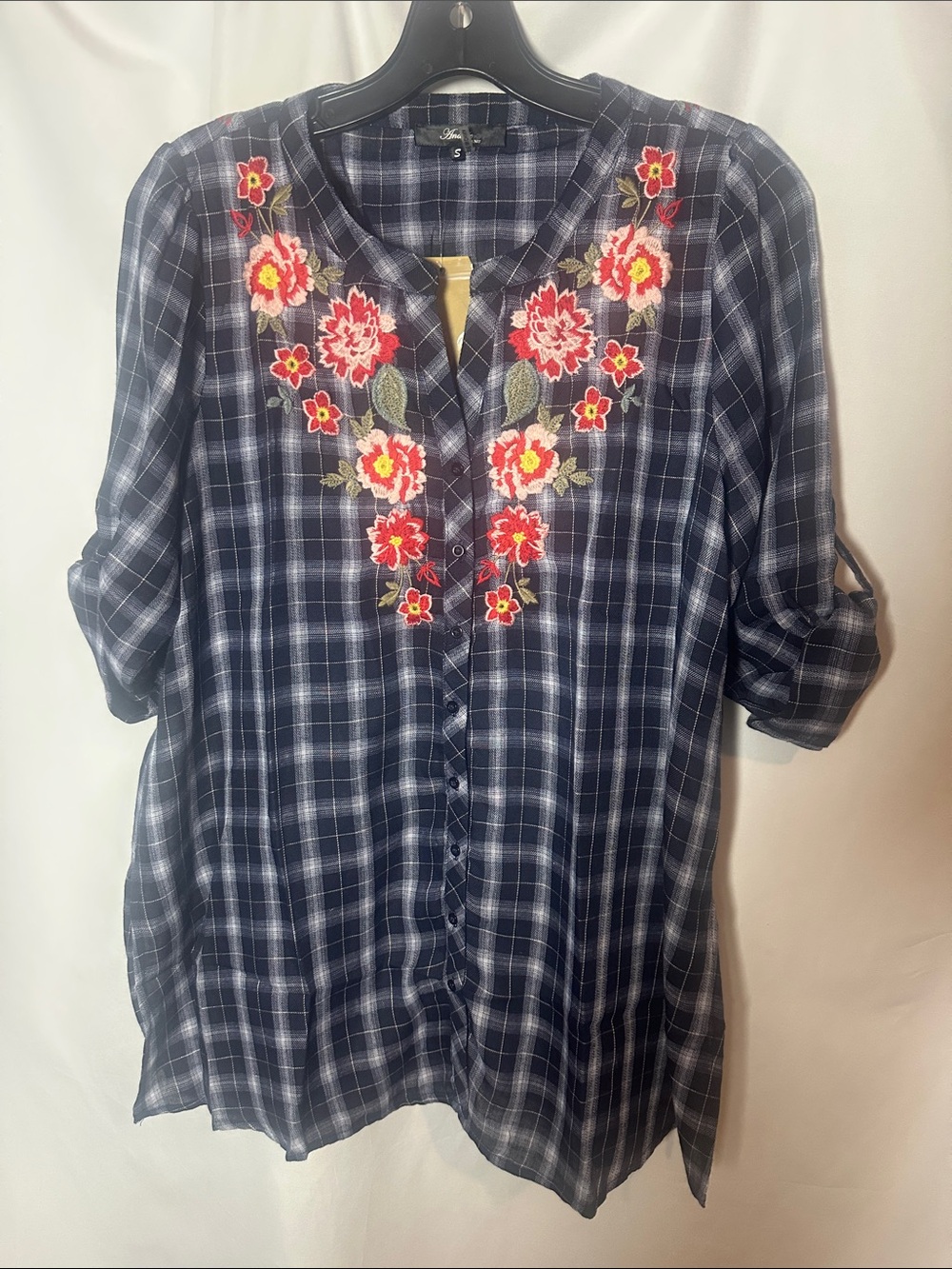 ANDREE BY UNIT Navy Plaid Tunic with Red Floral Embroidery